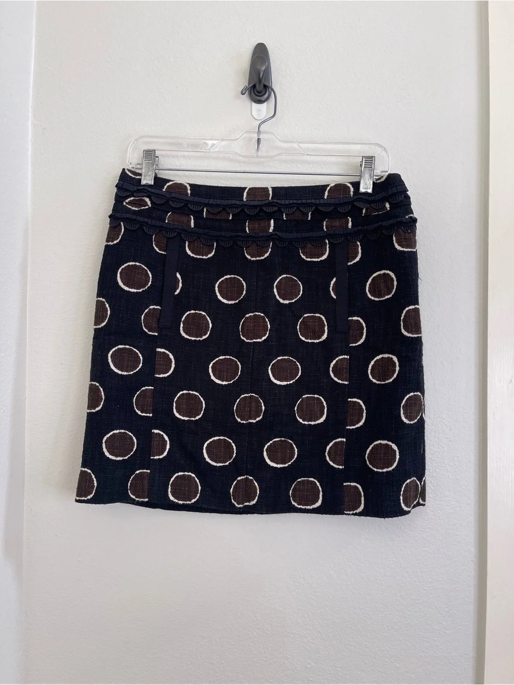 Tory Burch Spring Skirt Brown Dodda Polka Dot Ruffles Front Pockets Size 6